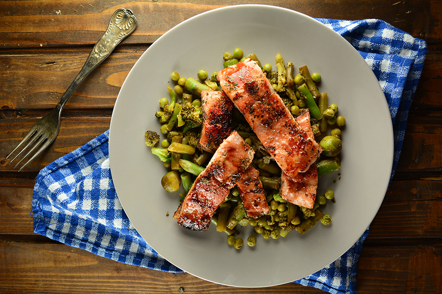 Simple oven baked Salmon with Green Vegetables top view